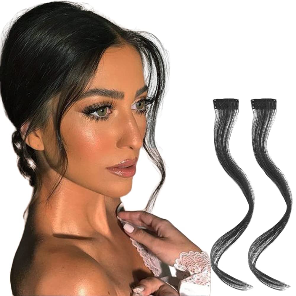 AIG 22-Inch Black Clip-In Hair Extensions – Synthetic Straight Highlight Streaks (Pack of 2)
