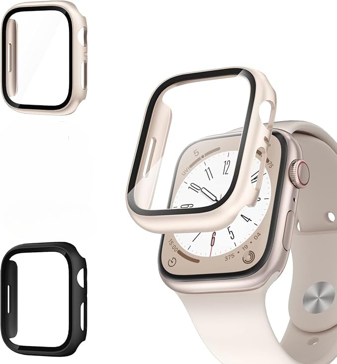 AIG 2 Pack Hard PC Case with Tempered Glass for Apple Watch Series 9/8/7 (41mm) – Starlight & Black