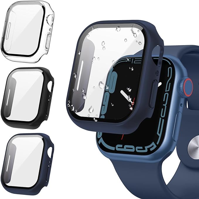 AIG 3-Pack Apple Watch 45mm Case with Glass – Series 9/8/7 Bumper Cover, Black/Blue/Clear