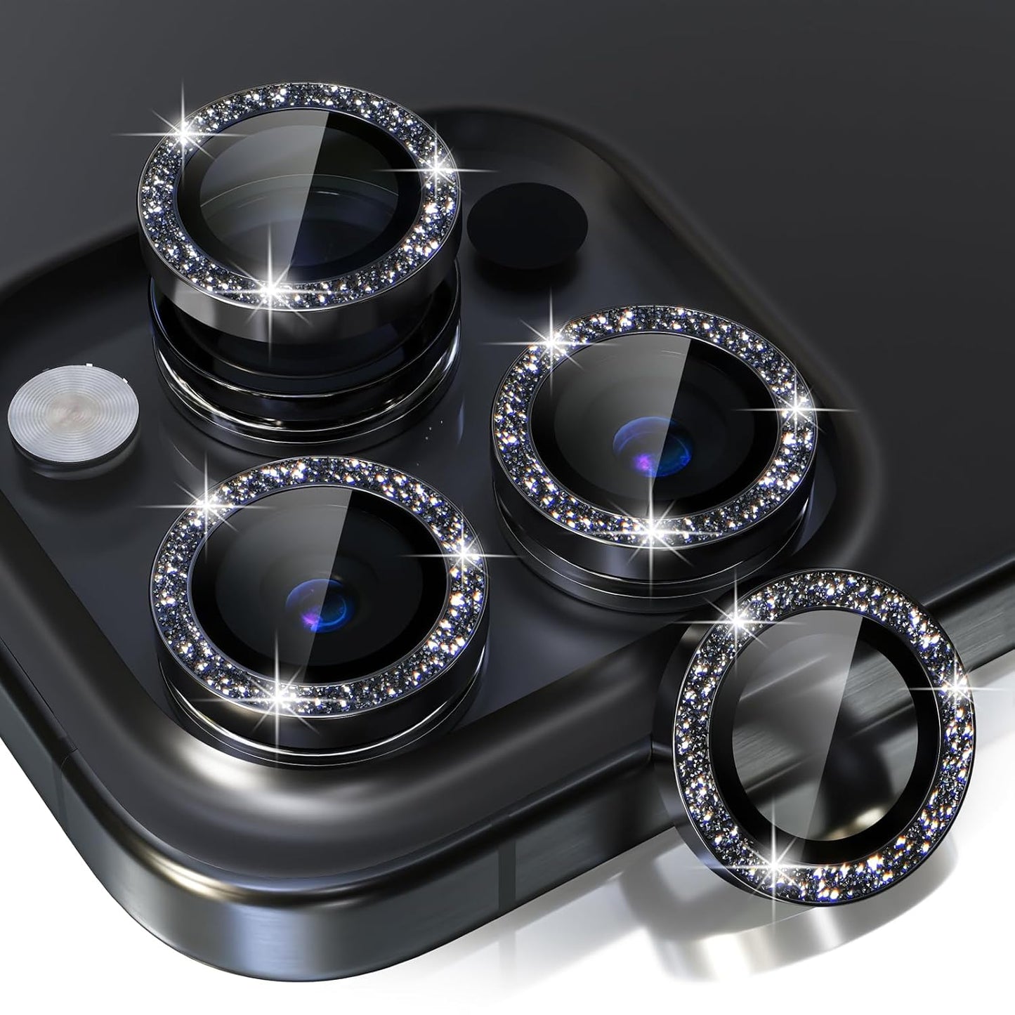 AIG Bling Camera Lens Protector for iPhone 15 Pro / Pro Max β 9H Glass, Metal Ring, Full Lens Cover β Glitter Black