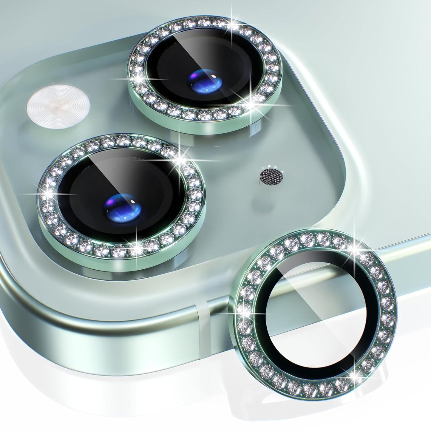 AIG iPhone 15/15 Plus Camera Lens Protector – Bling 9H Tempered Glass with Metal Ring Decoration (Green Diamond)