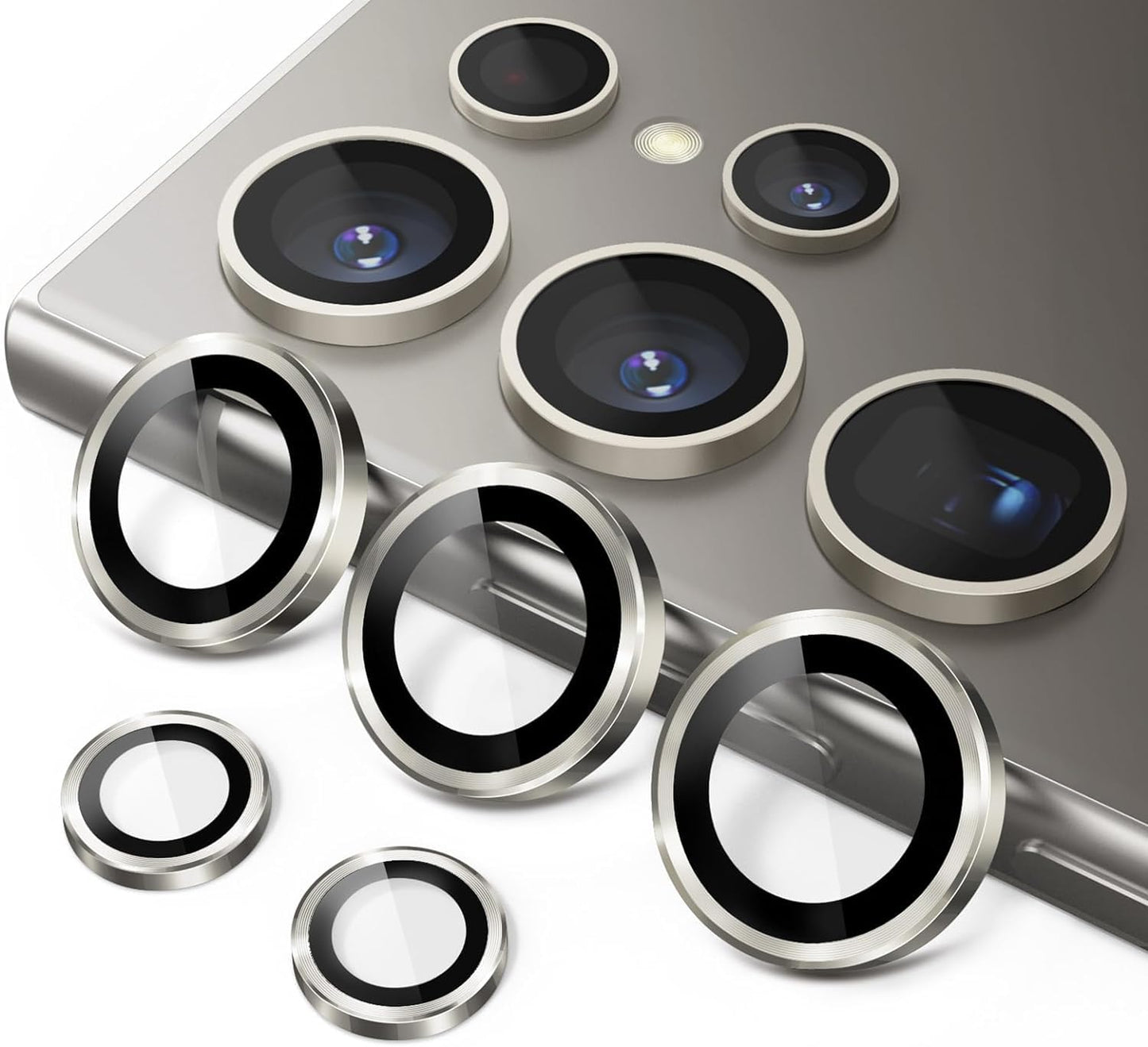 AIG Camera Lens Protector for Samsung Galaxy S24 Ultra – 9H Glass & Aluminum Alloy Rings (Natural Titanium Grey)