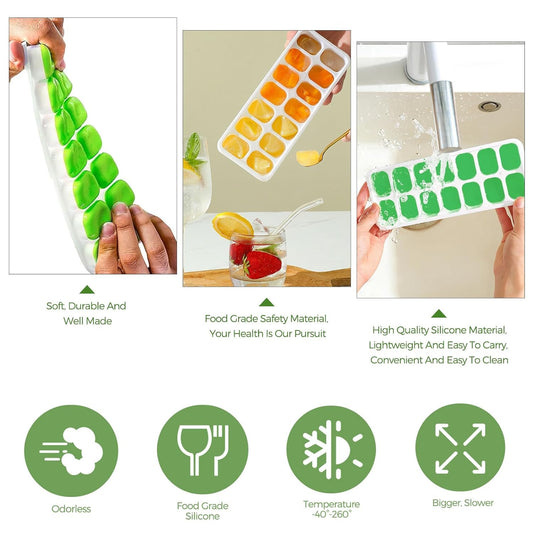 Silicone Ice Cube Tray with Lid, 2 Pack (Green & Blue), 28 Cubes, Easy Release & Stackable