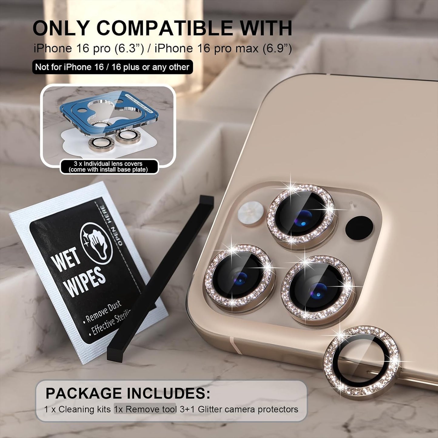 AIG iPhone 16 Pro/16 Pro Max Camera Lens Protector Bling – Glitter Titanium Desert
