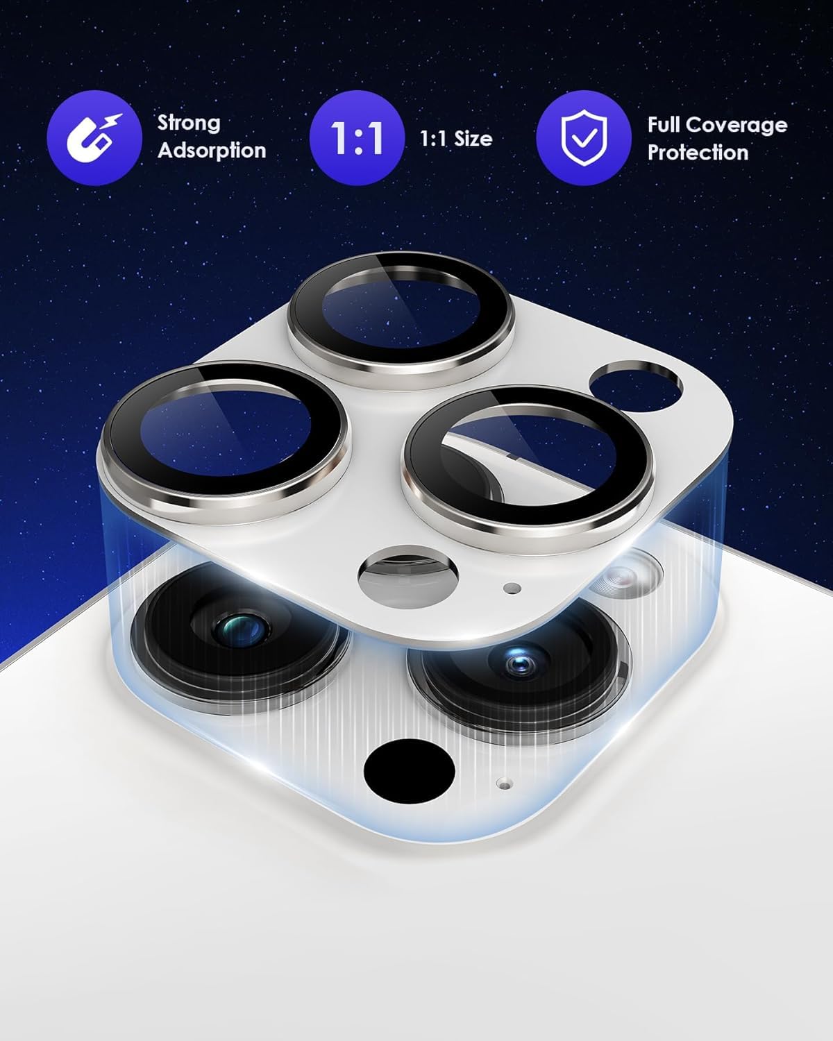 AIG Camera Lens Protector for iPhone 15 Pro/15 Pro Max & 14 Pro/14 Pro Max – 9H Glass with Metal Rings (Silver Joint)
