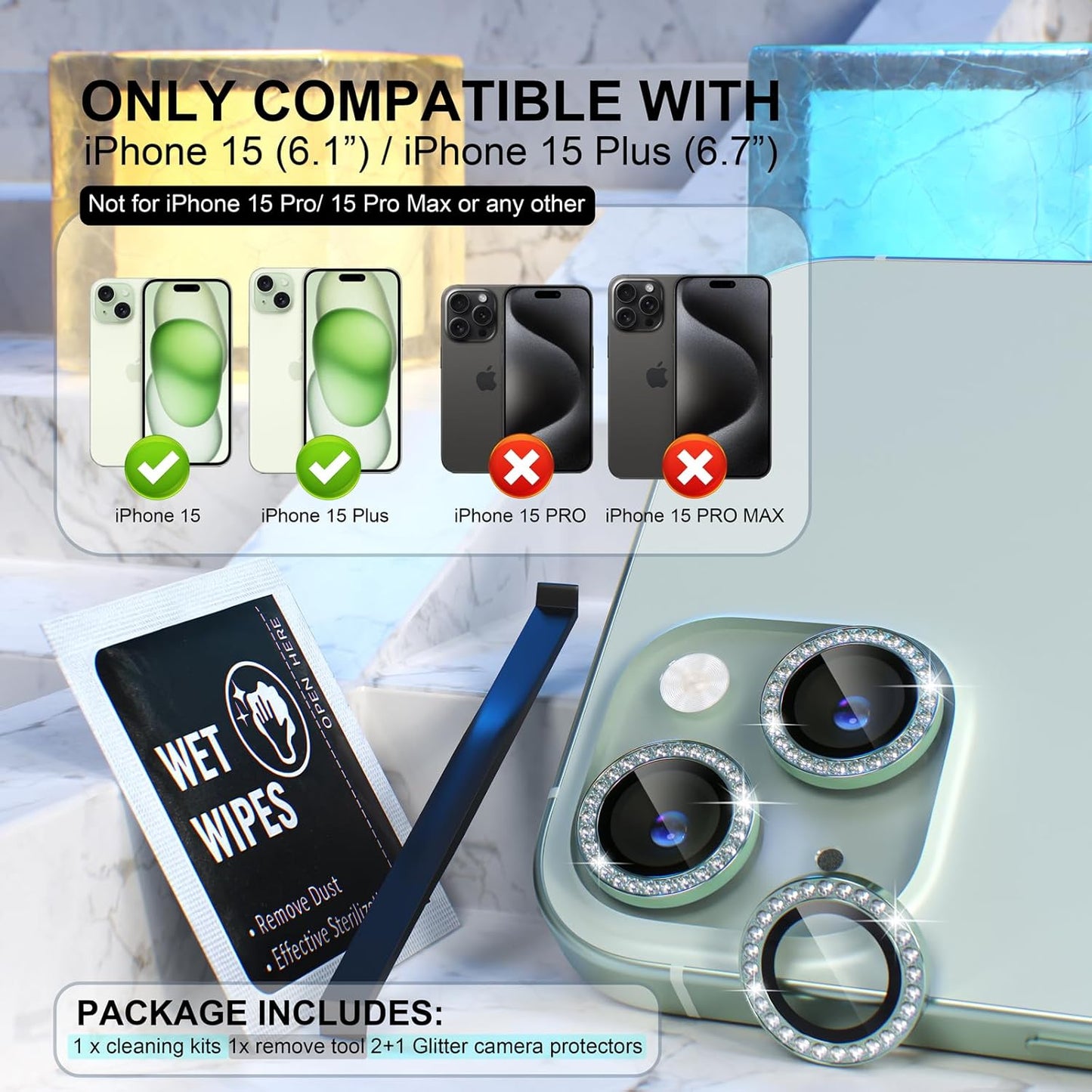AIG iPhone 15/15 Plus Camera Lens Protector – Bling 9H Tempered Glass with Metal Ring Decoration (Green Diamond)