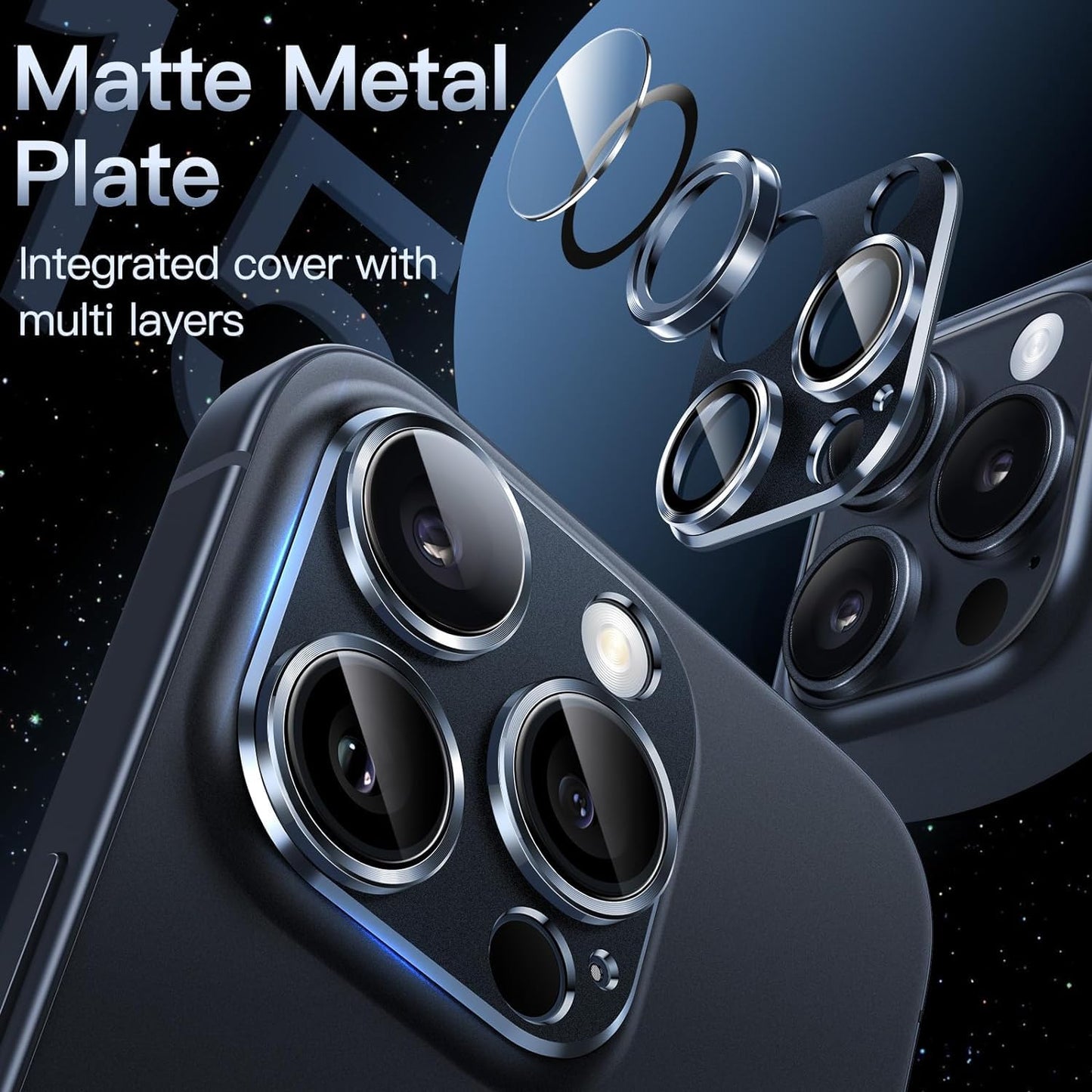 AIG Camera Lens Protector for iPhone 15 Pro/15 Pro Max & 14 Pro/ 14 Pro Max– 9H Glass, Metal Rings, HD Clear, Blue Joint