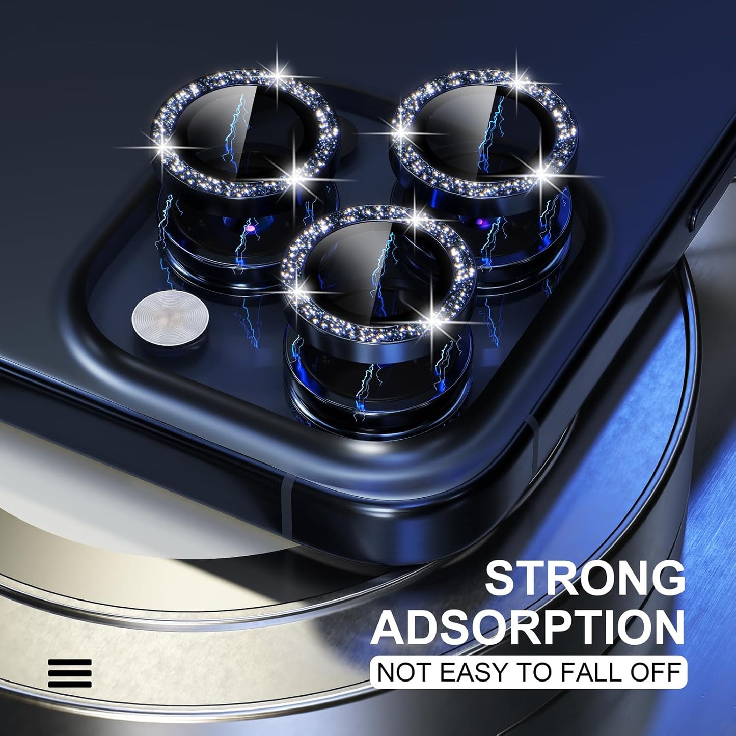 AIG Camera Lens Protector for iPhone 15 Pro/15 Pro Max & iPhone 14 Pro/14 Pro Max β 9H Glass with Metal Ring β Glitter-Blue