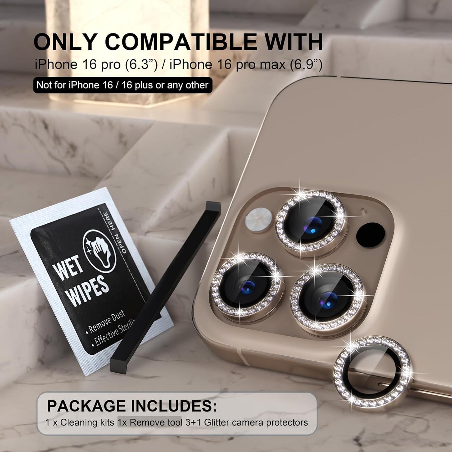 AIG Bling Camera Lens Protector for iPhone 16 Pro / Pro Max – 9H Glass, Diamond Metal Ring, Stylish Titanium Desert Look (Luxury Camera Cover)