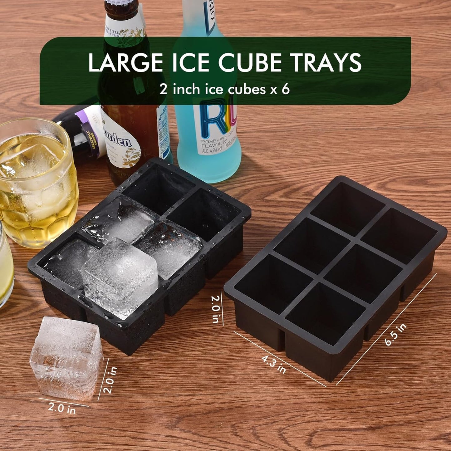 AIG Ice Cube 02 Pack Tray with Lid – 6 Large Square Silicone Molds for Whiskey, Cocktails, Juice & Coffee