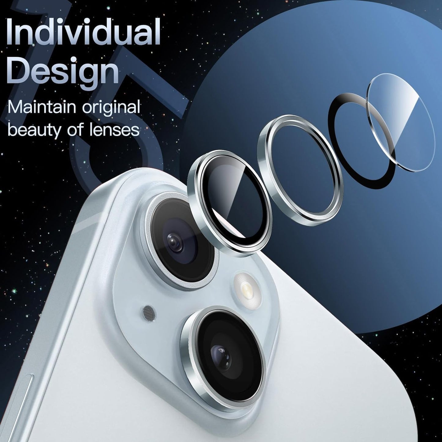 AIG Camera Lens Protector for iPhone 15/15 Plus & iPhone 14/14 Plus – 9H Glass with Metal Rings (Blue)
