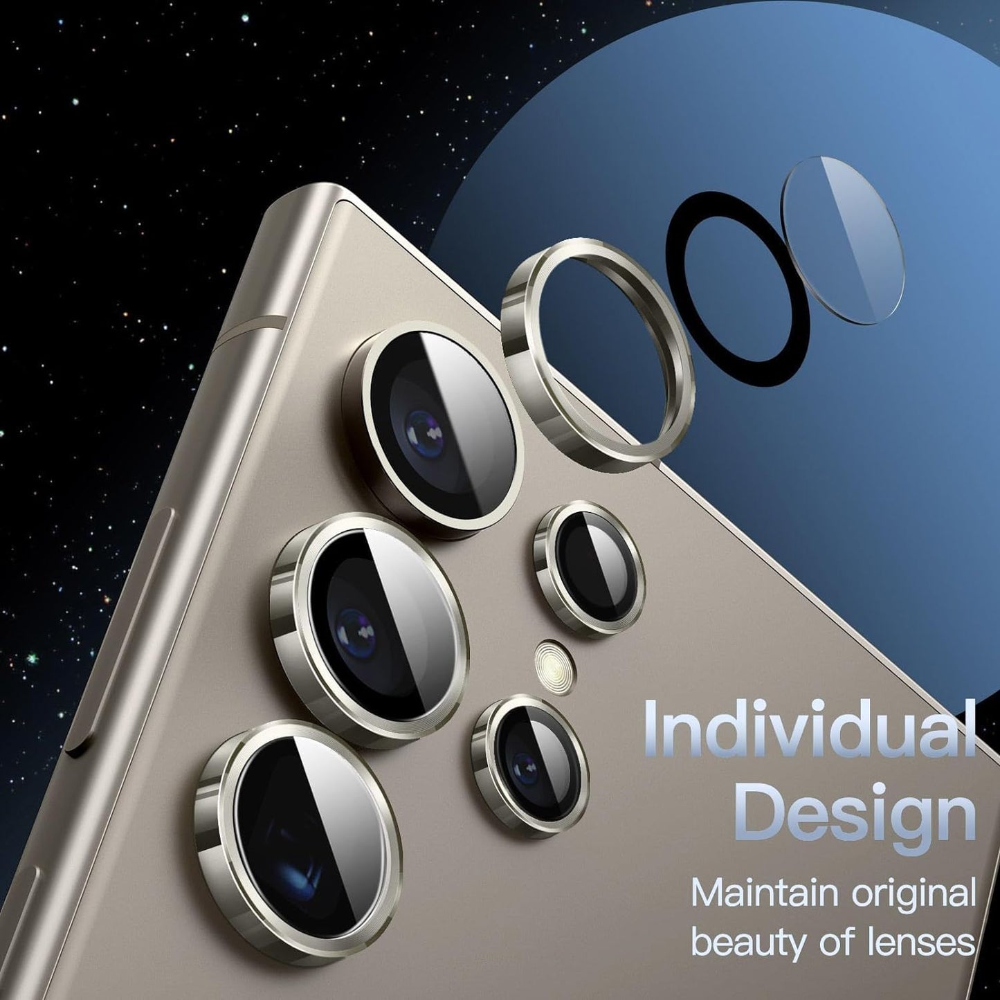 AIG Camera Lens Protector for Samsung Galaxy S24 Ultra – 9H Glass & Aluminum Alloy Rings (Natural Titanium Grey)