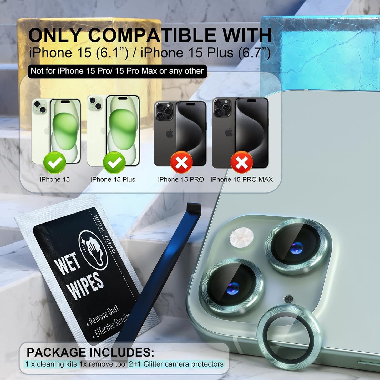 AIG iPhone 15/15 Plus Camera Lens Protector – Bling 9H Tempered Glass with Metal Ring Decoration (Green)
