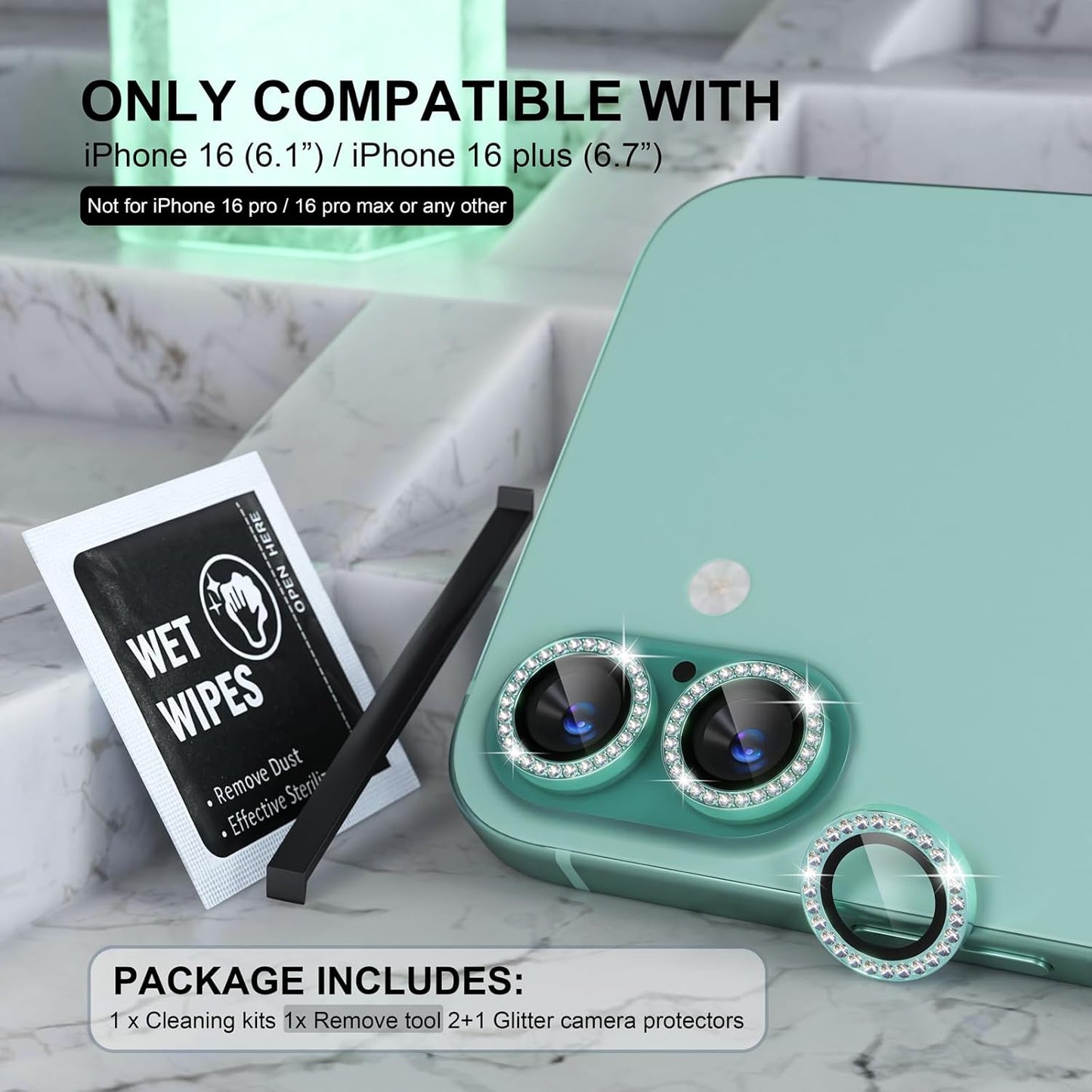 AIG Camera Lens Protector for iPhone 16/16 Plus β 9H Glass with Metal Ring β Mint Green Diamond