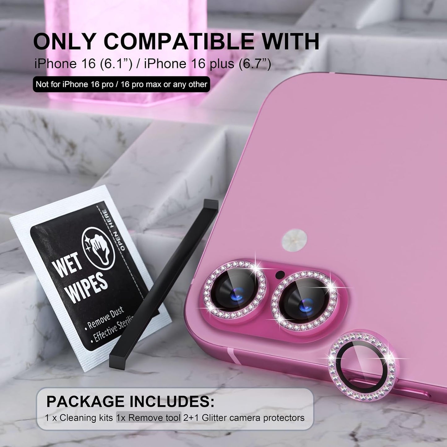 AIG Camera Lens Protector for iPhone 16/16 Plus β 9H Glass with Metal Ring β Pink Diamond