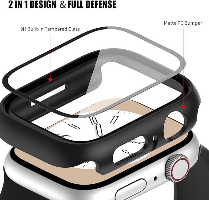 AIG 2 Pack Hard PC Case with Tempered Glass for Apple Watch Series 9/8/7 (41mm) – Starlight & Black