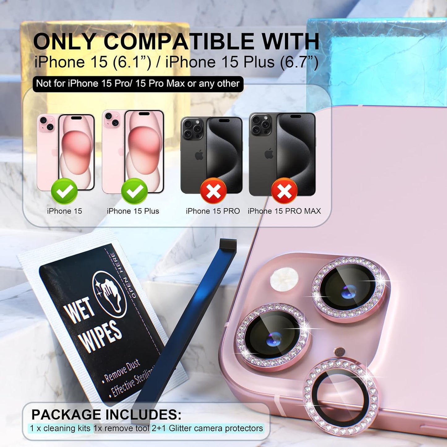 AIG iPhone 15/15 Plus Camera Lens Protector – Bling 9H Tempered Glass with Metal Ring Decoration (Pink Diamond)