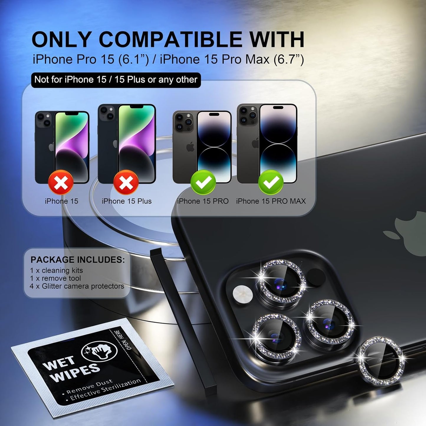 AIG Bling Camera Lens Protector for iPhone 15 Pro / Pro Max β 9H Glass, Metal Ring, Full Lens Cover β Glitter Black