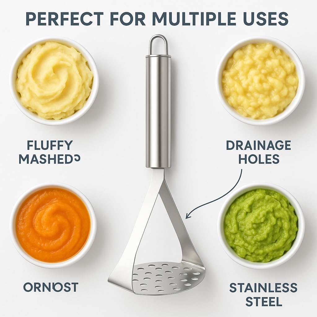 AIG Stainless Steel Potato & Vegetable Masher – Heavy Duty, Rust-Resistant, Ergonomic Handle, Easy to Clean