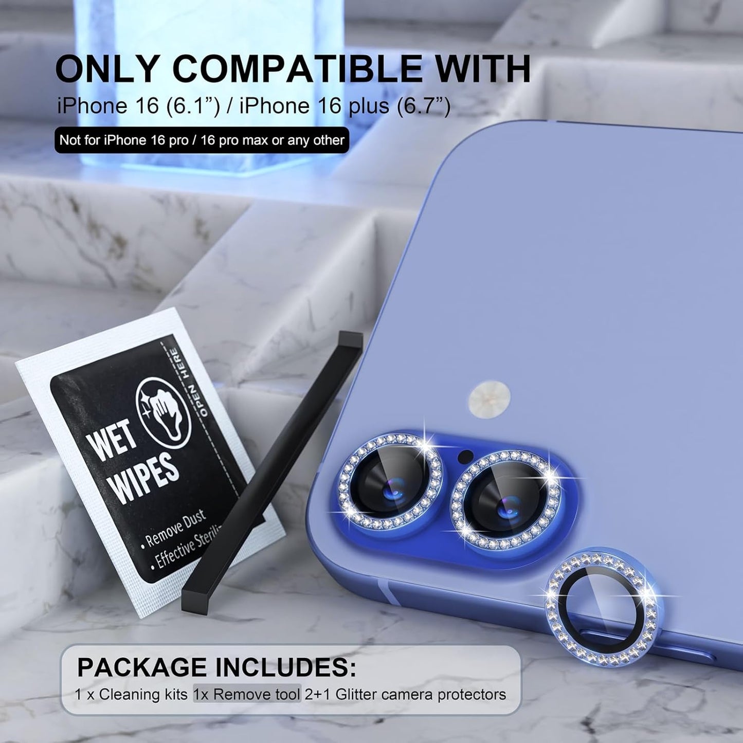 AIG Camera Lens Protector for iPhone 16/16 Plus β 9H Glass with Metal Ring β Blue Diamond