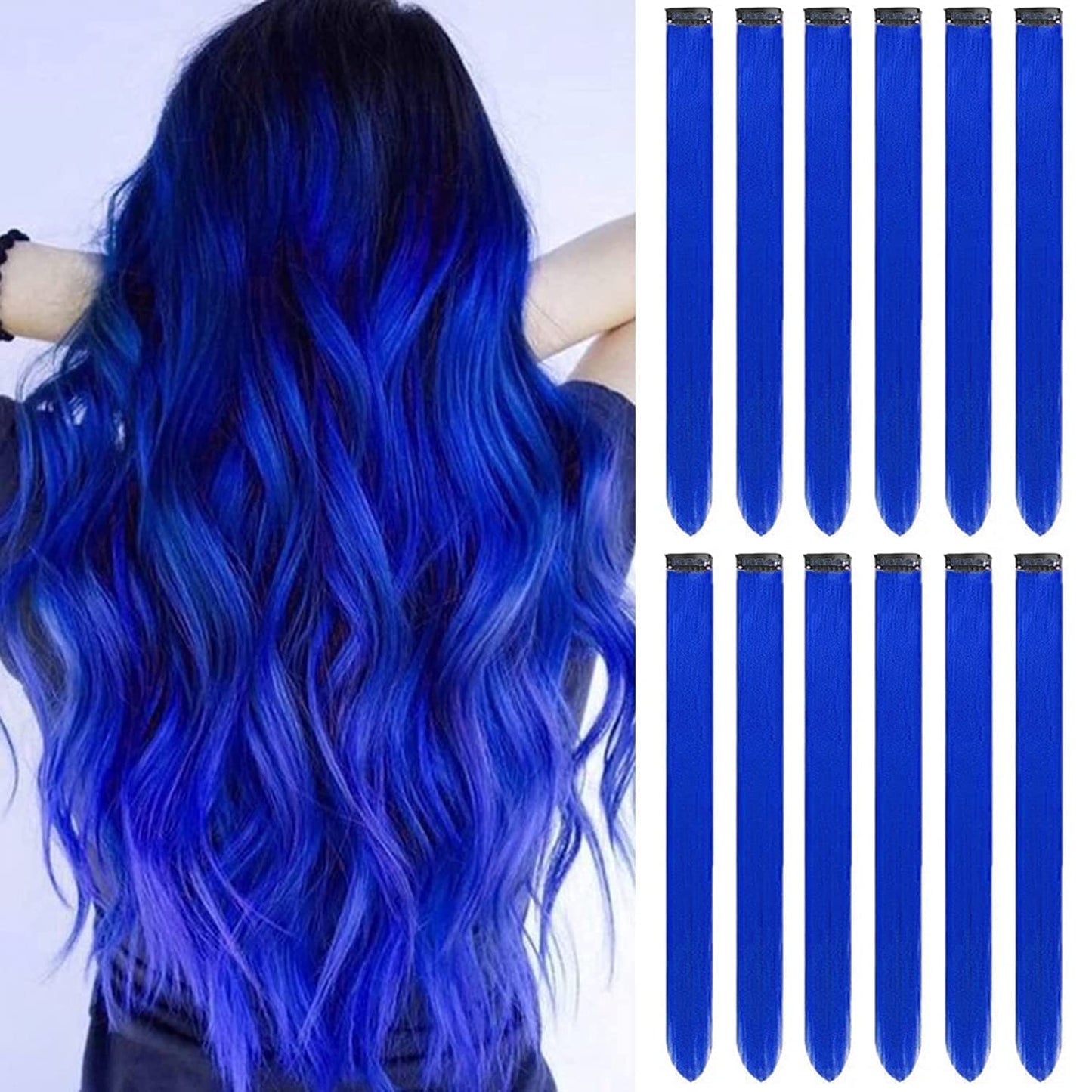 AIG 22-Inch Blue Clip-In Hair Extensions – Synthetic Straight Highlight Streaks (Pack of 2)