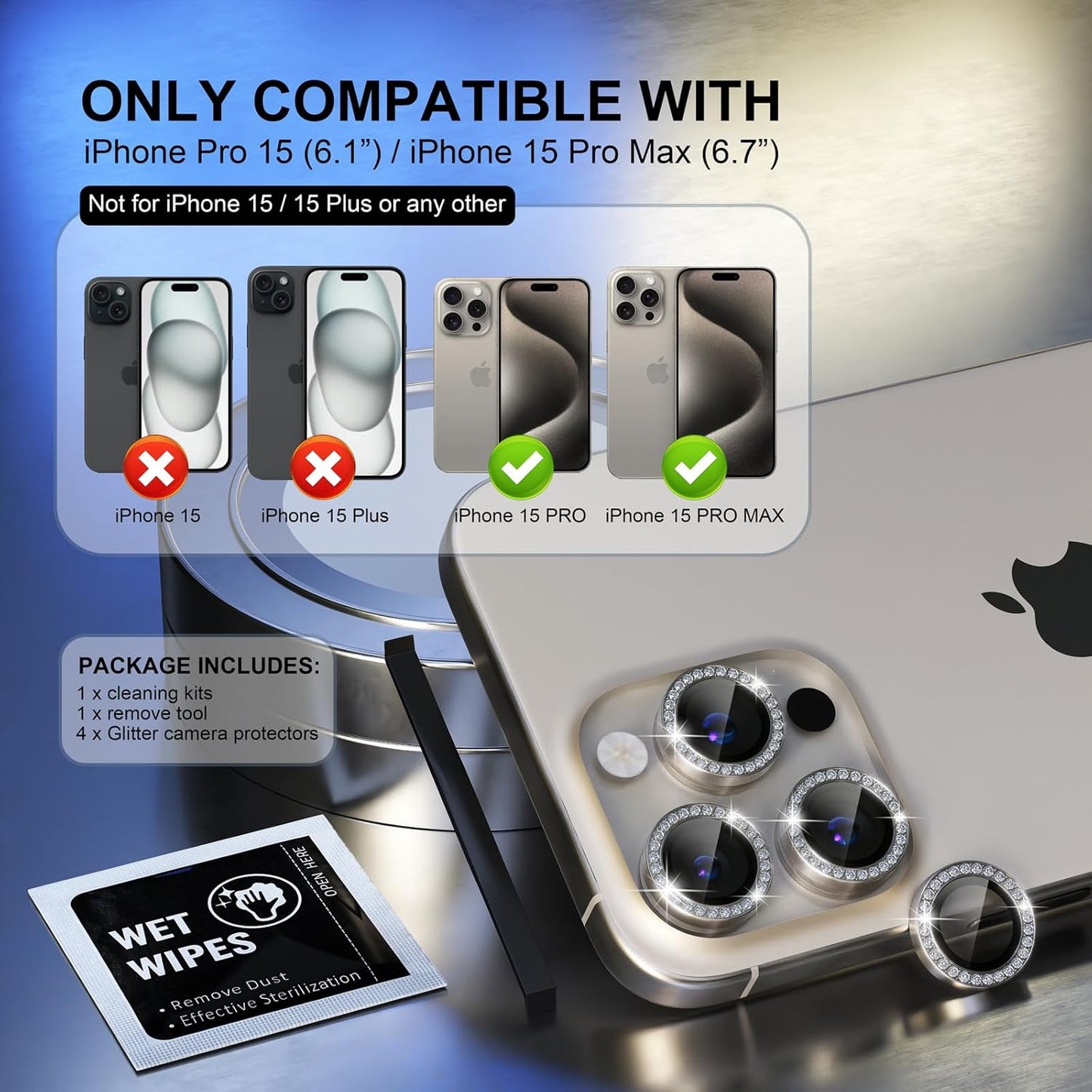 AIG iPhone 15 Pro/15 Pro Max Bling Camera Lens Protector β Diamond Titanium Natural