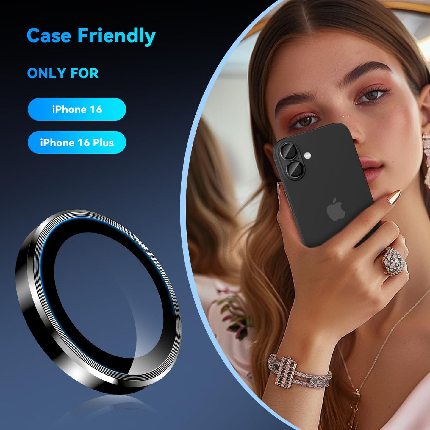 AIG Camera Lens Protector for iPhone 16/16 Plus – 1s Install, HD Glass, Case-Friendly Metal Ring, Black