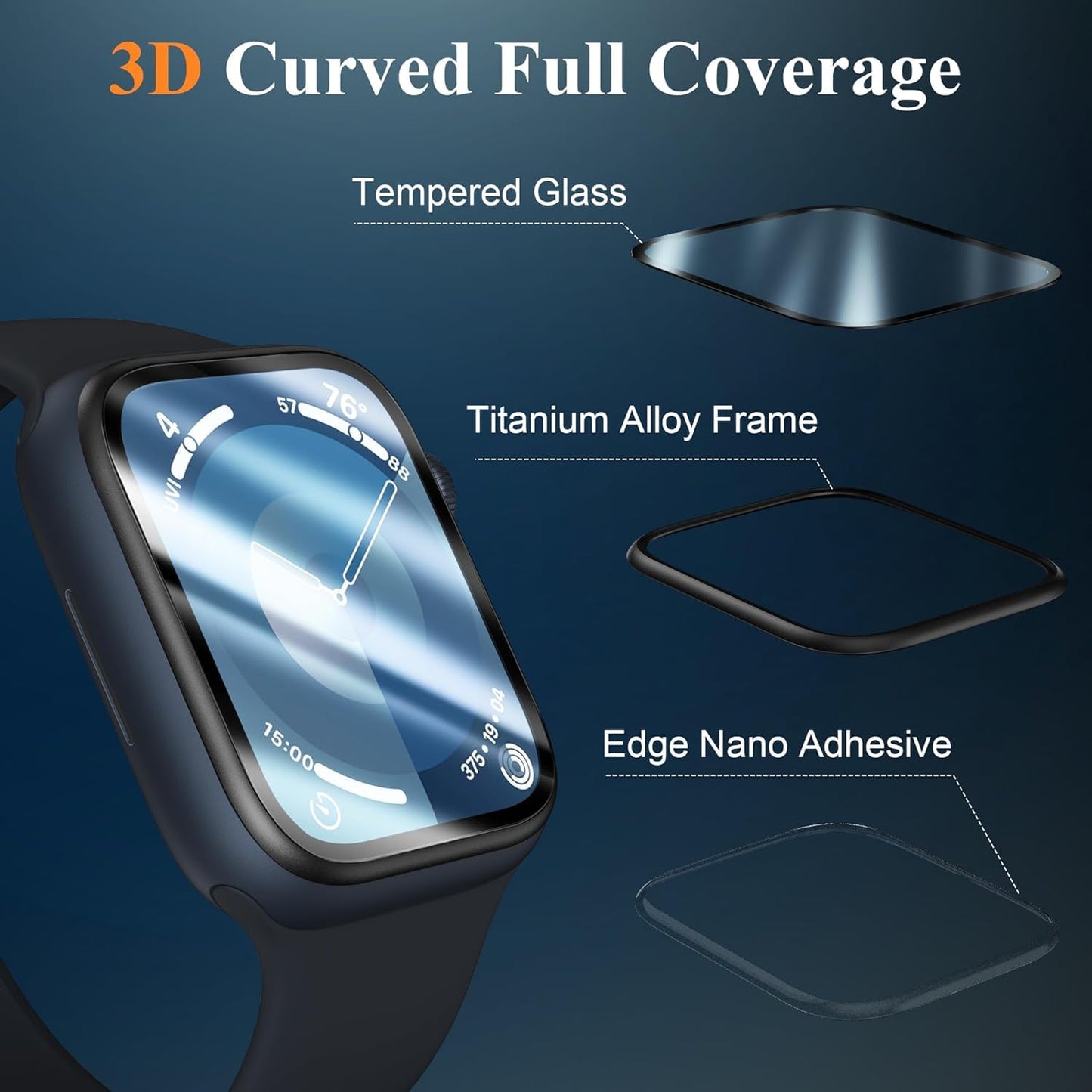 AIG 1 Pack Apple Watch 45mm Screen Protector Titanium Bumper + Tempered Glass, Series 9/8/7, Black