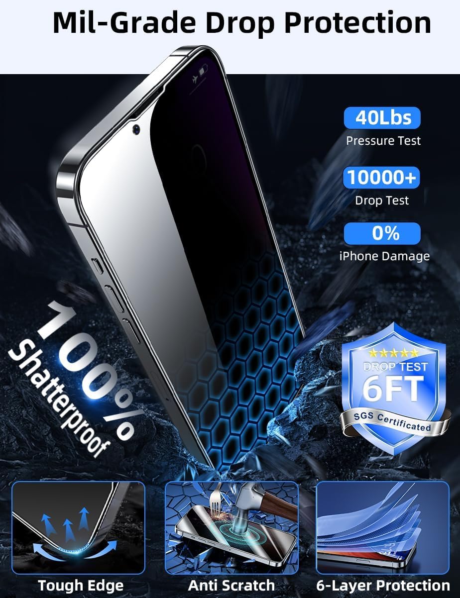 AIG 3 Pack Privacy Screen Protector for iPhone 14/14 Pro (6.1") – 9H Anti-Spy Tempered Glass