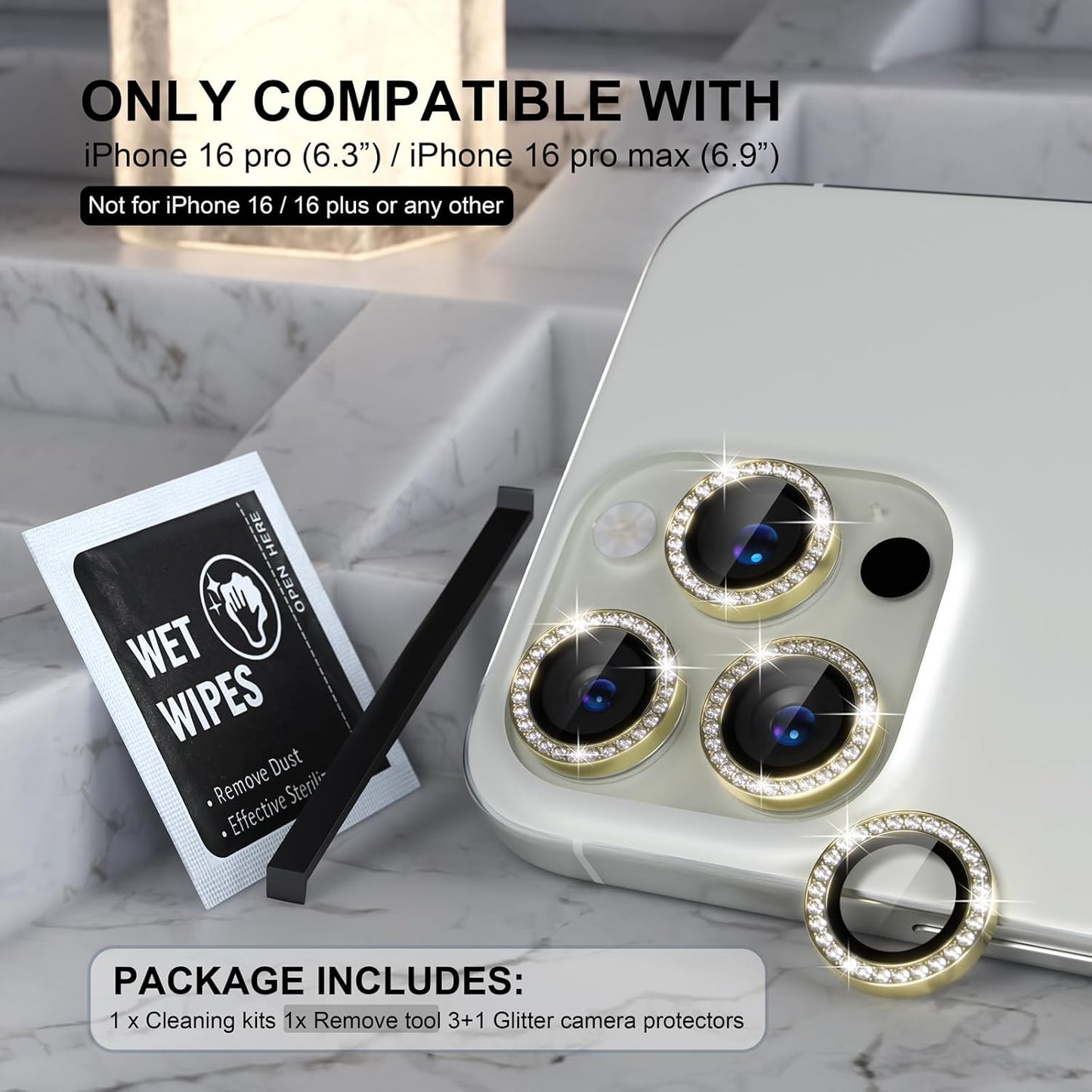 AIG iPhone 16 Pro/16 Pro Max Camera Lens Protector Bling – Gold Diamond