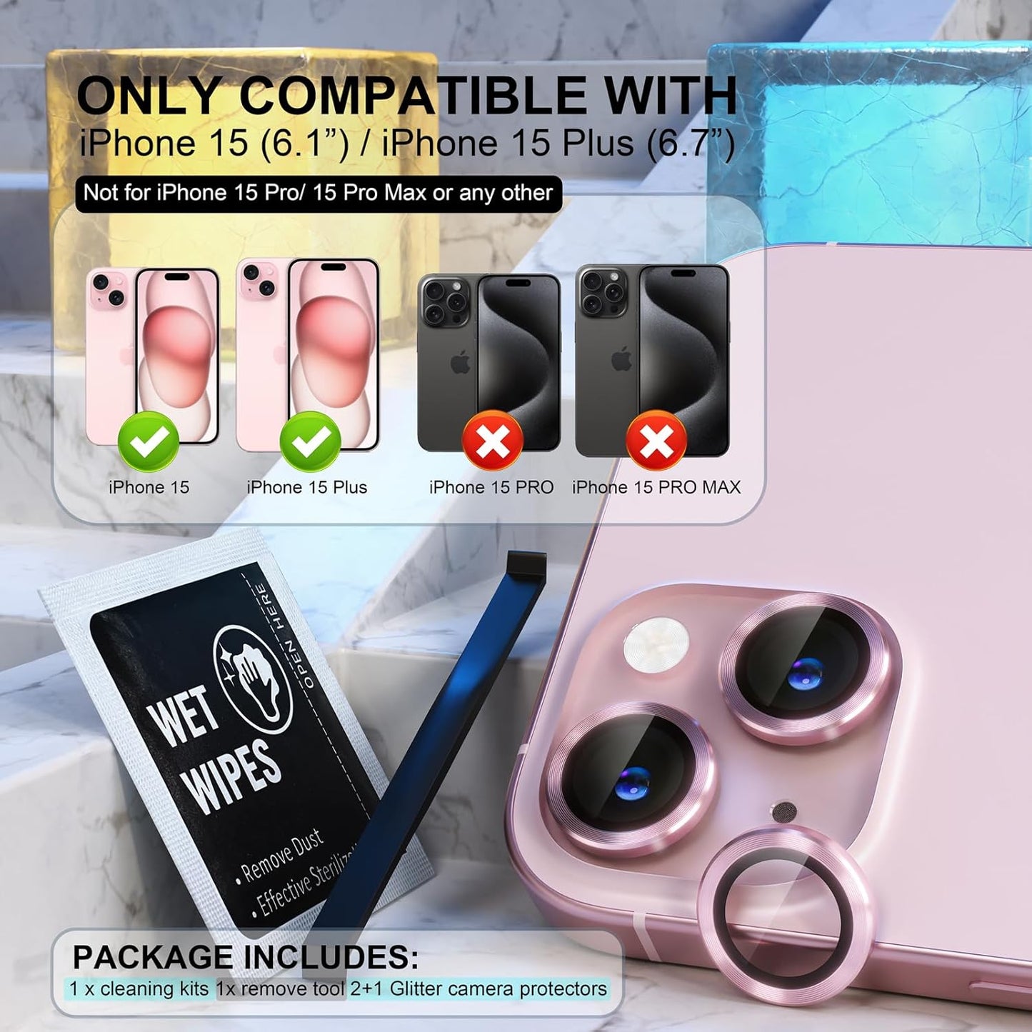 AIG iPhone 15/15 Plus Camera Lens Protector – Bling 9H Tempered Glass with Metal Ring Decoration (Pink)