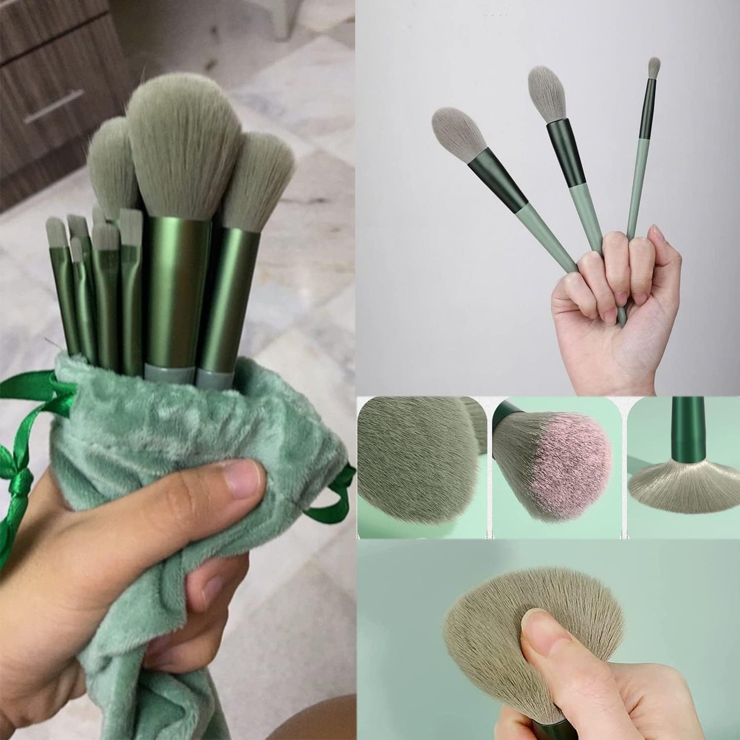 AIG 13pcs Professional Makeup Brush Set with Gift Bag – Foundation, Powder, Concealer & Eyeshadow Brushes (Green)