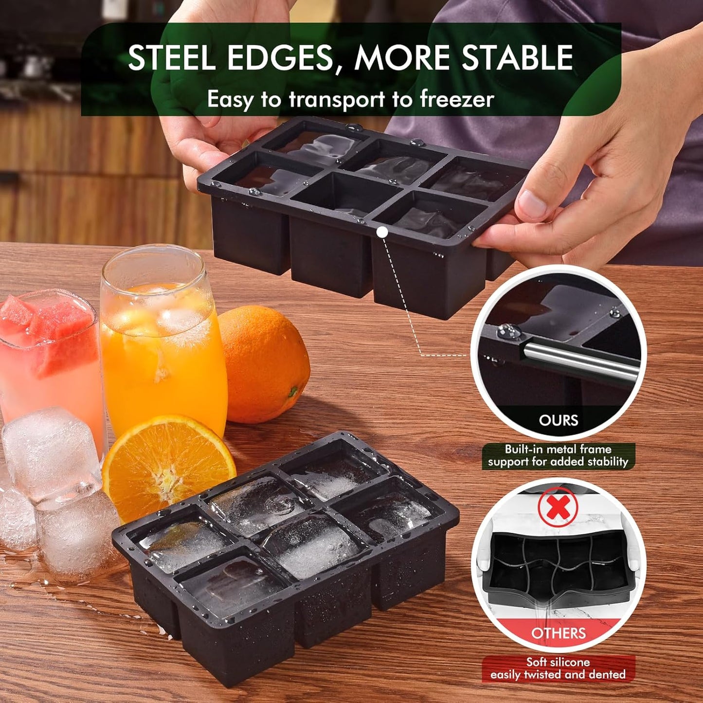 AIG Ice Cube 02 Pack Tray with Lid – 6 Large Square Silicone Molds for Whiskey, Cocktails, Juice & Coffee