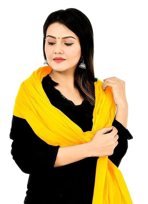 AIG THE FASHION 100% Nazmin Chiffon Casual Dupatta – 2.25m with Pom-Pom Lace | Lightweight Nazneen Chiffon | Perfect for Festivals, Parties & Traditional Outfits - YELLOW