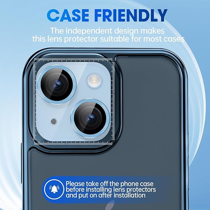 AIG Camera Lens Protector for iPhone 15/15 Plus & iPhone 14/14 Plus – 9H Glass with Metal Rings (Blue)