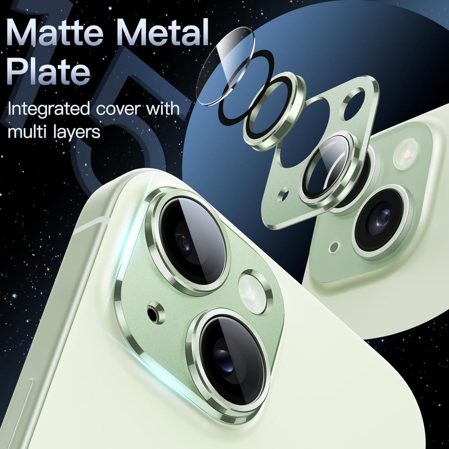 AIG iPhone 15/15 Plus Camera Lens Protector Metal 9H Tempered Glass Lens Screen Protector Rings – Green Joint
