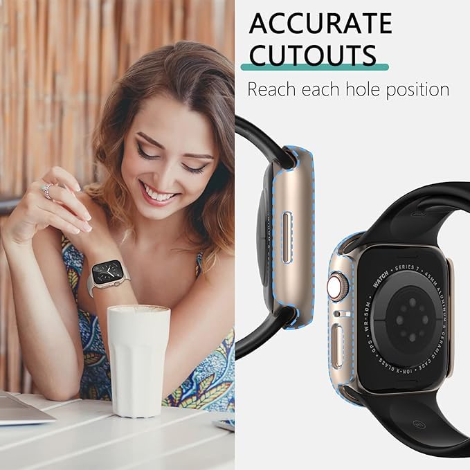 AIG 2 Pack Hard PC Case with Tempered Glass for Apple Watch Series 9/8/7 (41mm) – Starlight & Black