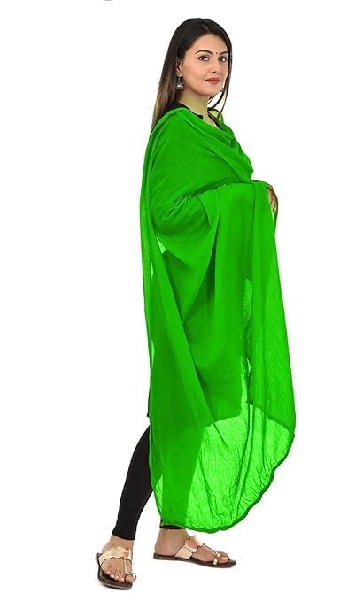 AIG THE FASHION 100% Nazmin Chiffon Casual Dupatta – 2.25m with Pom-Pom Lace | Lightweight Nazneen Chiffon | Perfect for Festivals, Parties & Traditional Outfits - GREEN