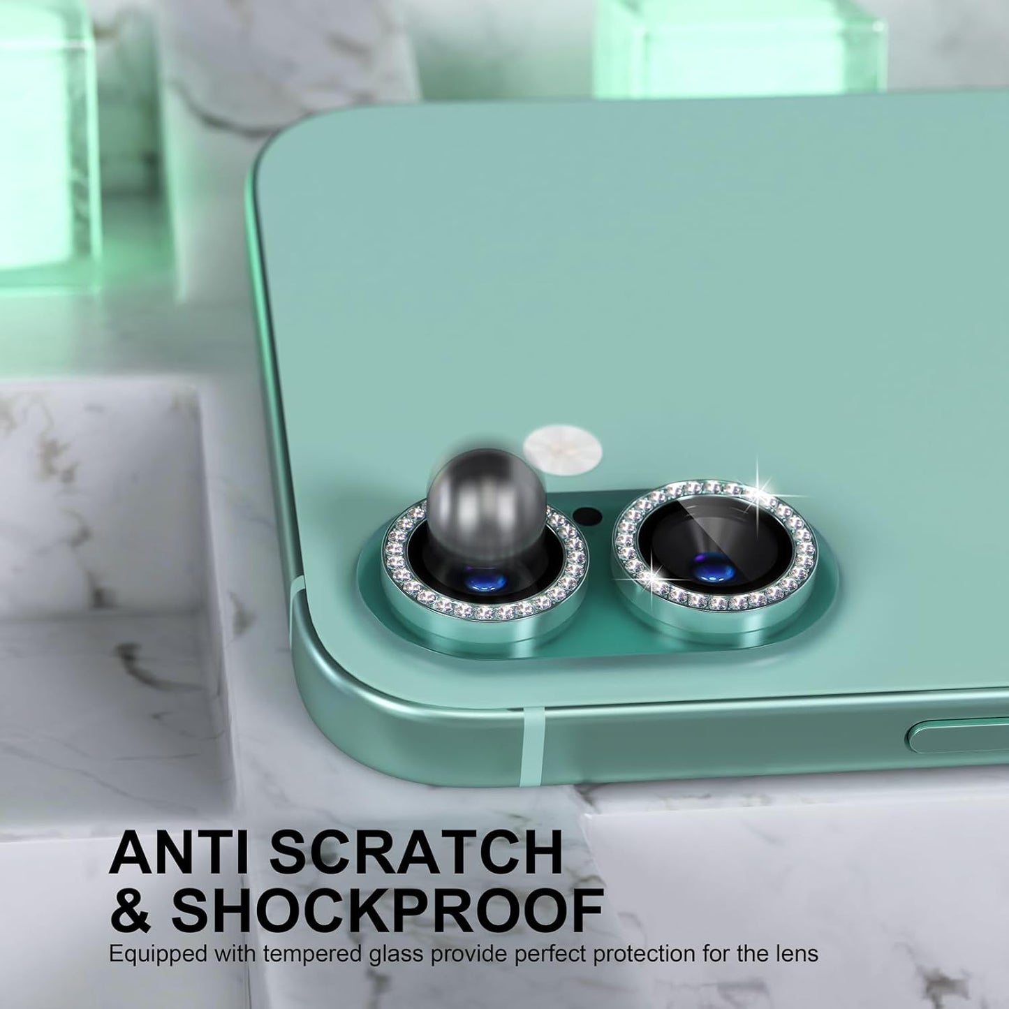 AIG Camera Lens Protector for iPhone 16/16 Plus β 9H Glass with Metal Ring β Mint Green Diamond