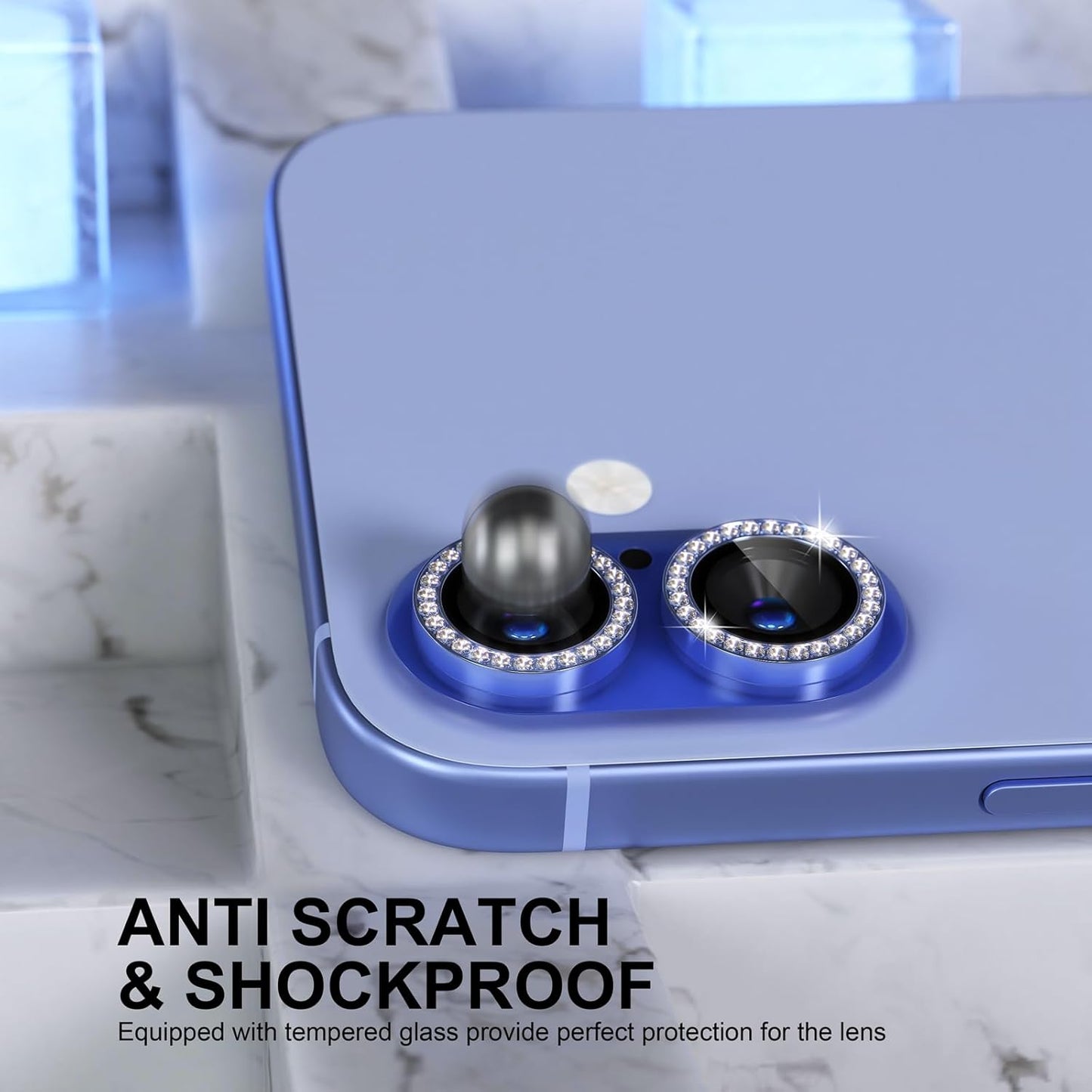 AIG Camera Lens Protector for iPhone 16/16 Plus β 9H Glass with Metal Ring β Blue Diamond