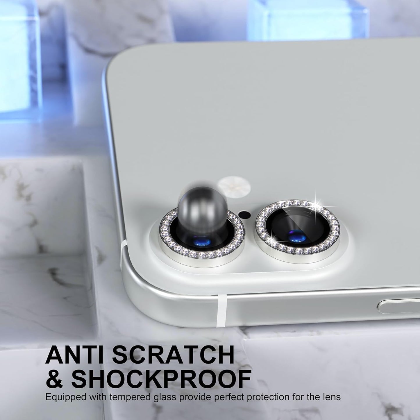 AIG Camera Lens Protector for iPhone 16/16 Plus β 9H Glass with Metal Ring β Silver Diamond
