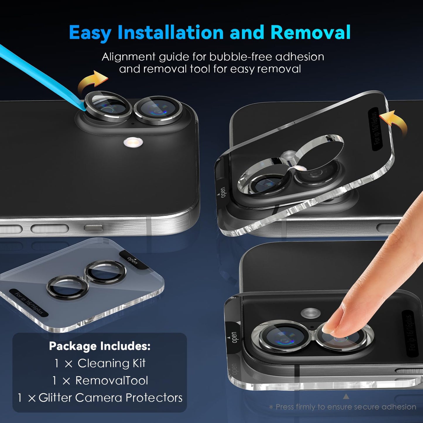 AIG Camera Lens Protector for iPhone 16/16 Plus – 1s Install, HD Glass, Case-Friendly Metal Ring, Black