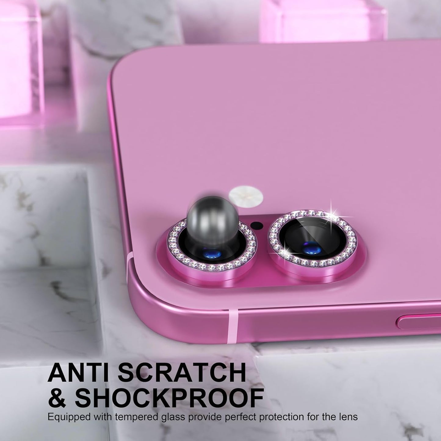 AIG Camera Lens Protector for iPhone 16/16 Plus β 9H Glass with Metal Ring β Pink Diamond