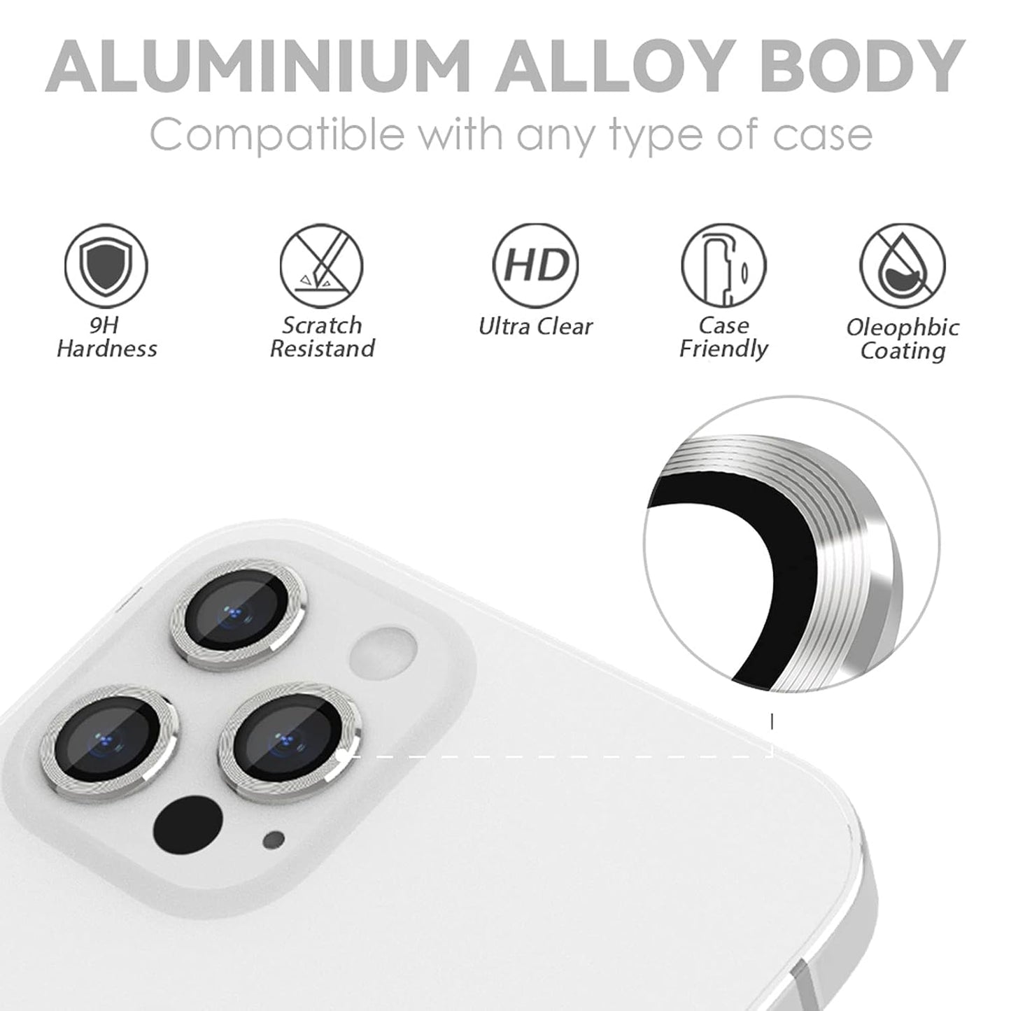 AIG Camera Lens Protector for iPhone 13 Pro/13 Pro Max – Tempered Glass & Aluminum Cover - Silver