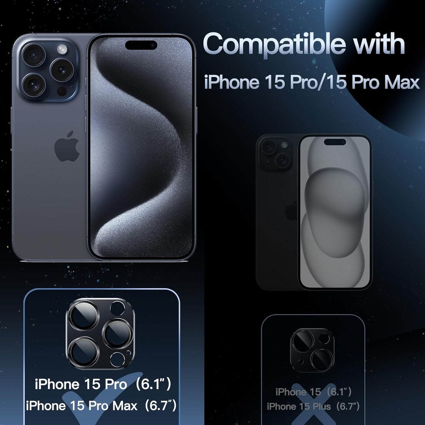 AIG Camera Lens Protector for iPhone 15 Pro/15 Pro Max & 14 Pro/ 14 Pro Max– 9H Glass, Metal Rings, HD Clear, Blue Joint
