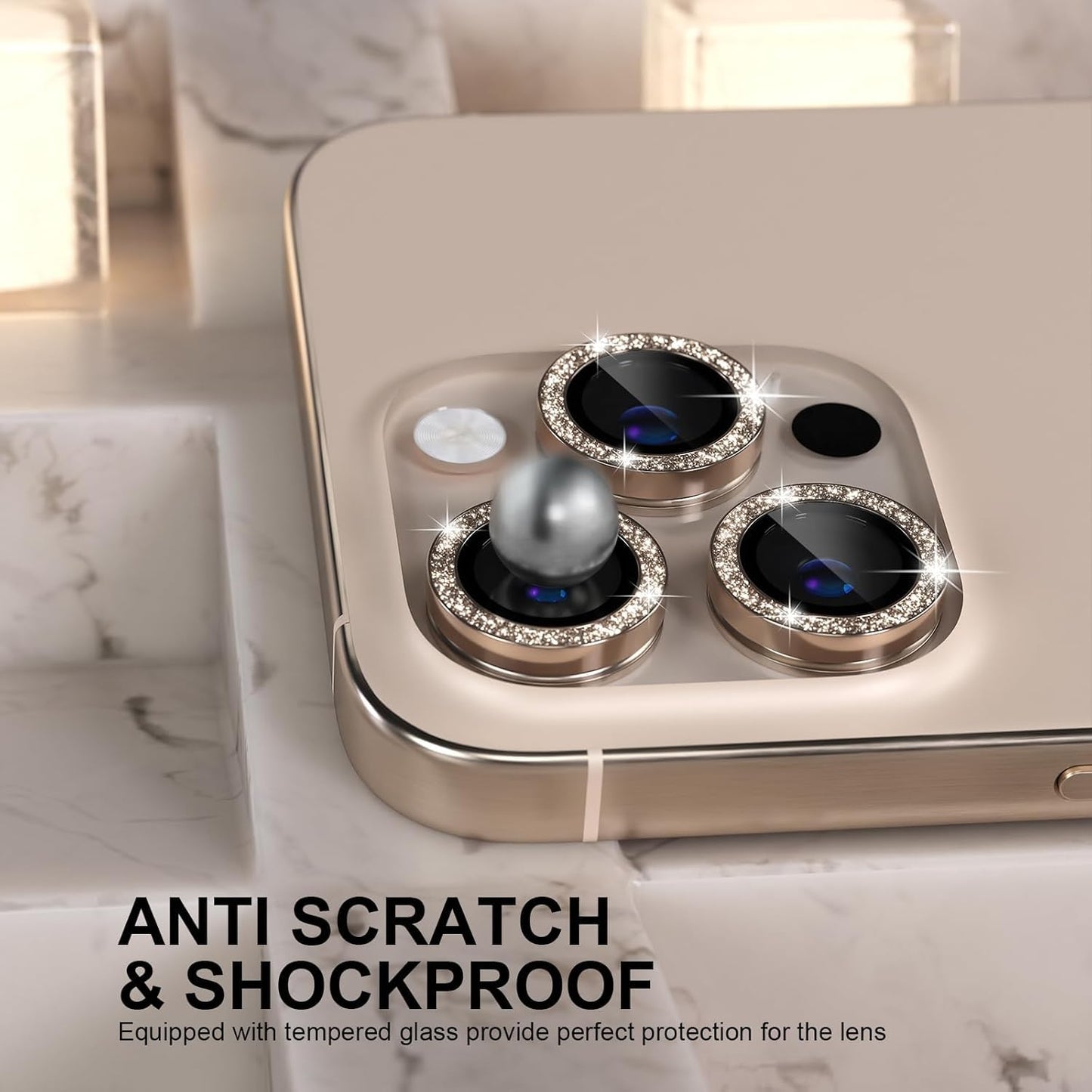 AIG Camera Lens Protector for iPhone 15 Pro/15 Pro Max β 9H Glass with Metal Ring β Gold Diamond