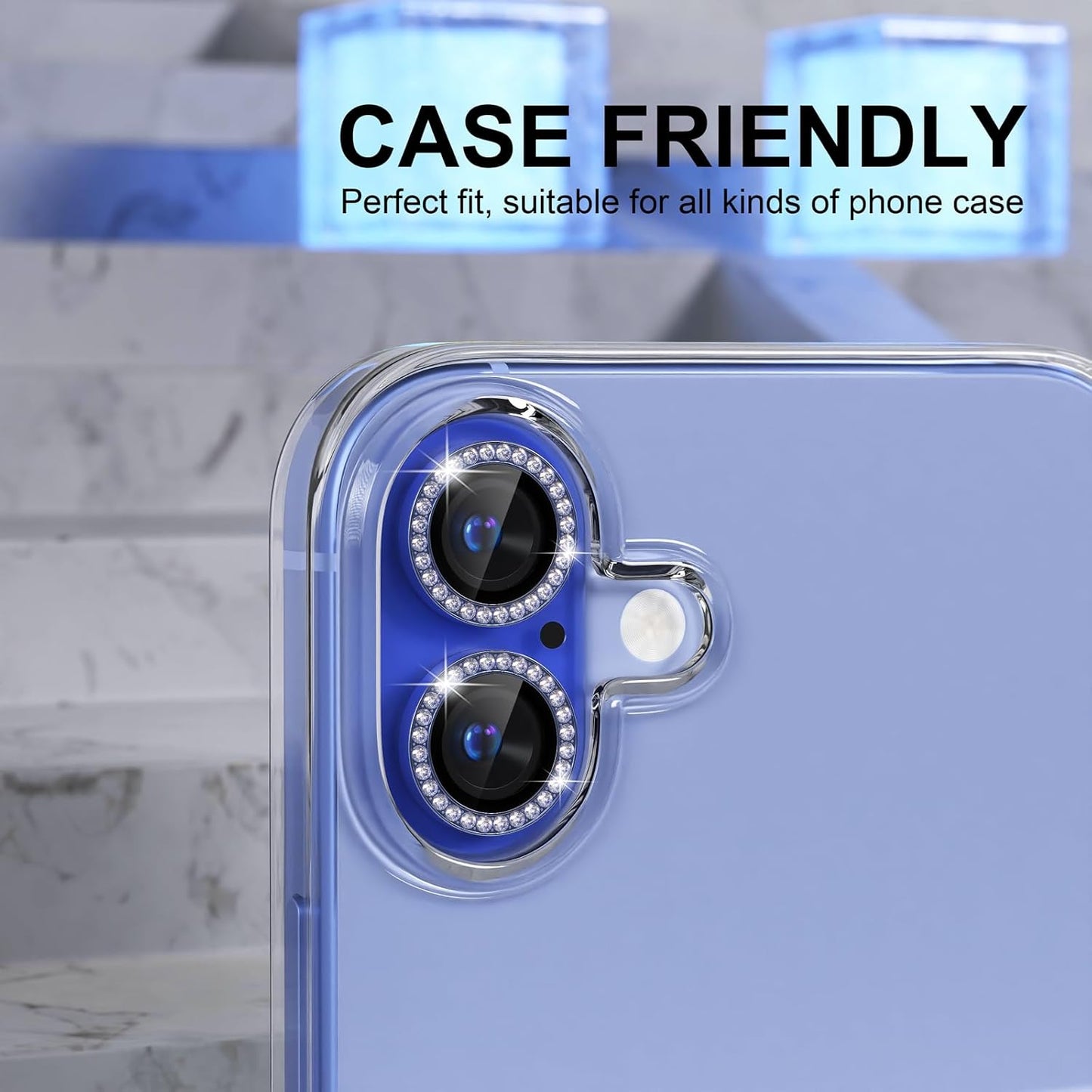 AIG Camera Lens Protector for iPhone 16/16 Plus β 9H Glass with Metal Ring β Blue Diamond