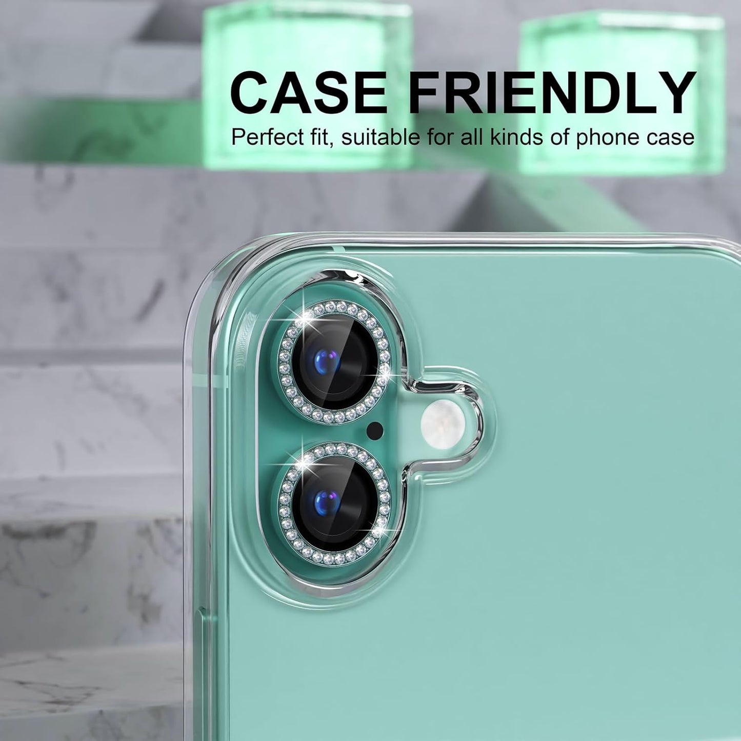 AIG Camera Lens Protector for iPhone 16/16 Plus β 9H Glass with Metal Ring β Mint Green Diamond