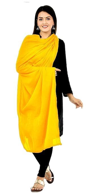 AIG THE FASHION 100% Nazmin Chiffon Casual Dupatta – 2.25m with Pom-Pom Lace | Lightweight Nazneen Chiffon | Perfect for Festivals, Parties & Traditional Outfits - YELLOW
