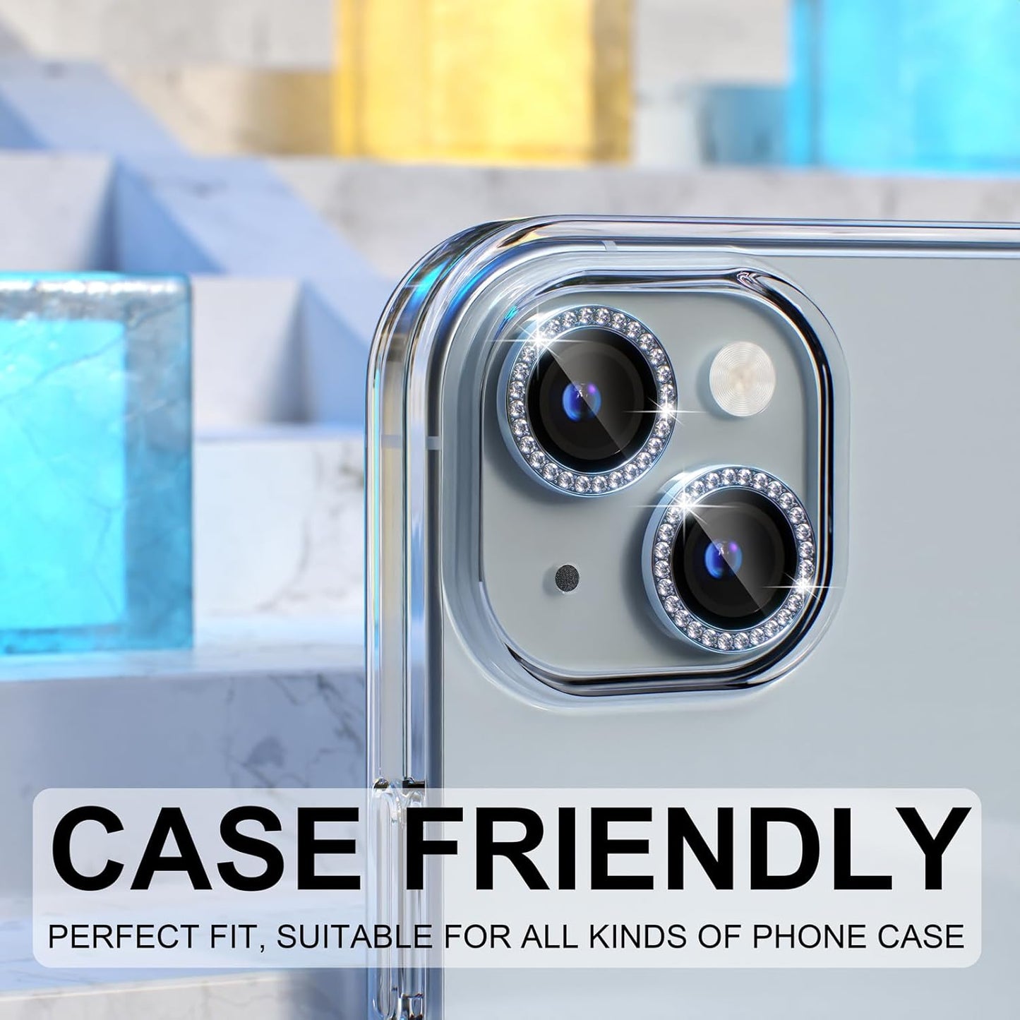 AIG iPhone 15/15 Plus Camera Lens Protector – Bling 9H Tempered Glass with Metal Ring Decoration (Blue Diamond)